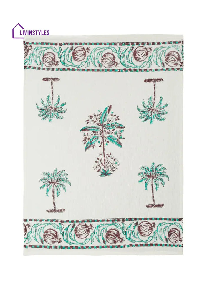 Cream And Turquoise 180 Gsm Hand Block Cotton Towel Set Of 3