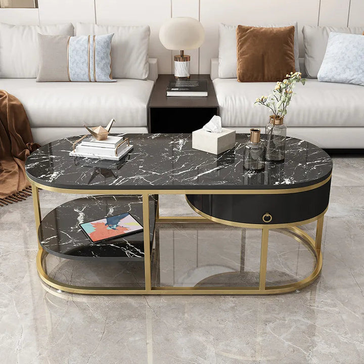 Ekta Modern Marble Coffee Table With Drawers & Shelf In Black