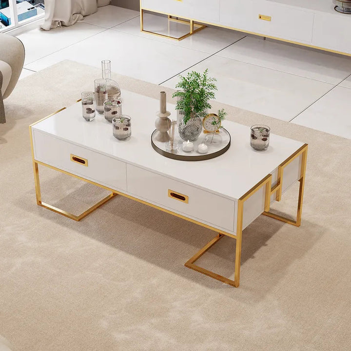 Falguni White Rectangular Coffee Table With Drawers Lacquer Gold Base