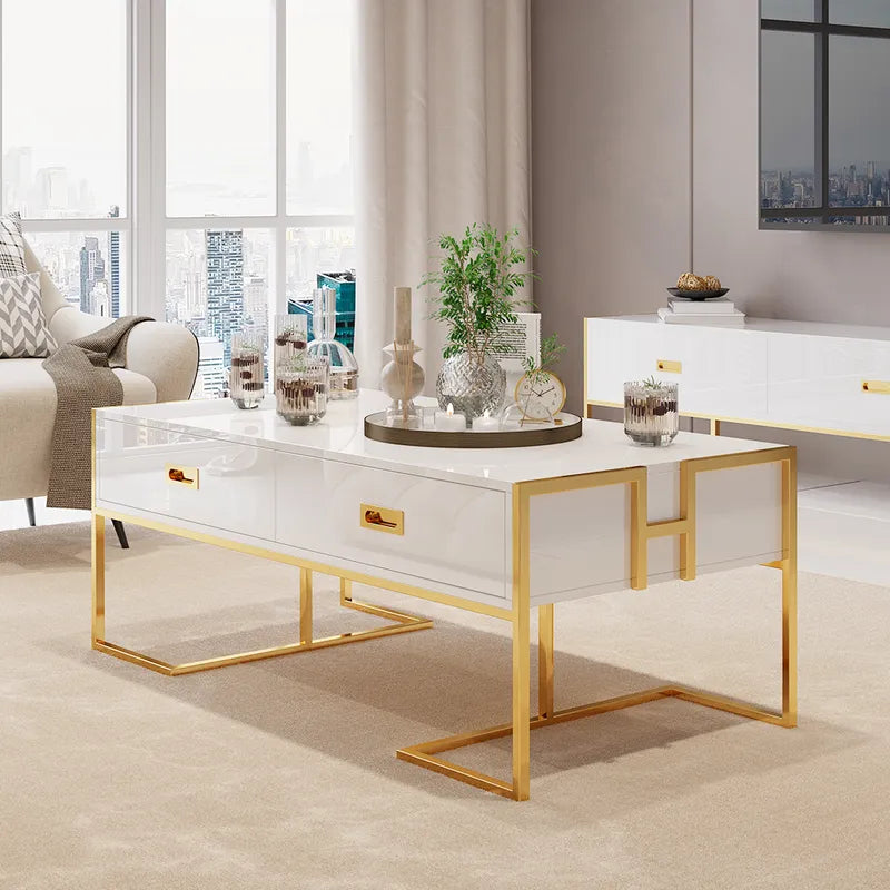Falguni White Rectangular Coffee Table With Drawers Lacquer Gold Base