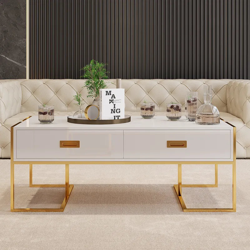 Falguni White Rectangular Coffee Table With Drawers Lacquer Gold Base