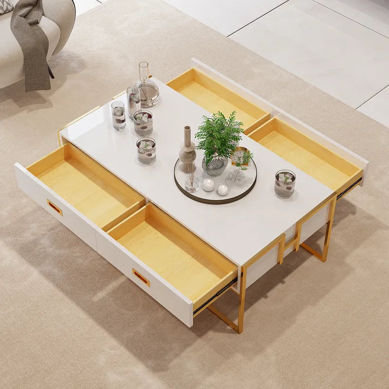 Falguni White Rectangular Coffee Table With Drawers Lacquer Gold Base
