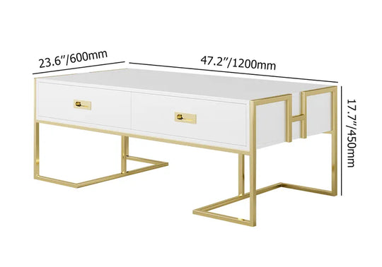 Falguni White Rectangular Coffee Table With Drawers Lacquer Gold Base