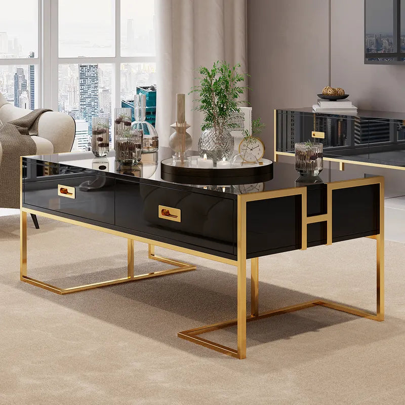 Gauricontemporary Black Rectangular Coffee Table With Drawers Lacquer Gold Base