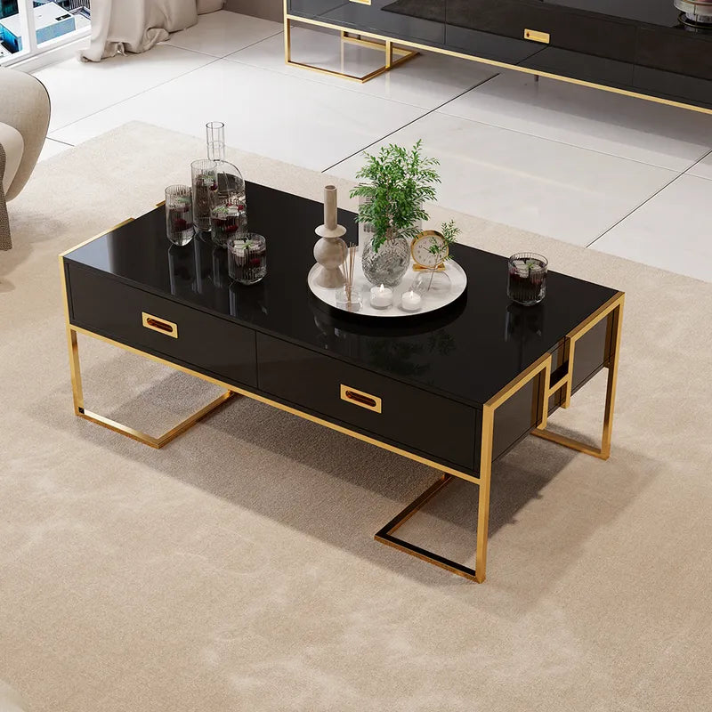 Gauricontemporary Black Rectangular Coffee Table With Drawers Lacquer Gold Base