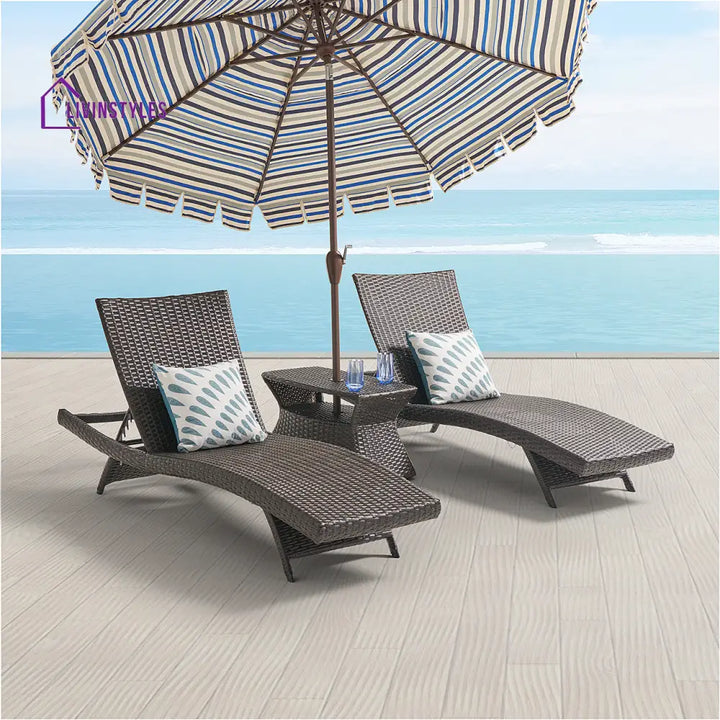 Curro Outdoor Swimming Poolside Lounger (Set of 2) With 1 Side Table (Brown) - Loungers