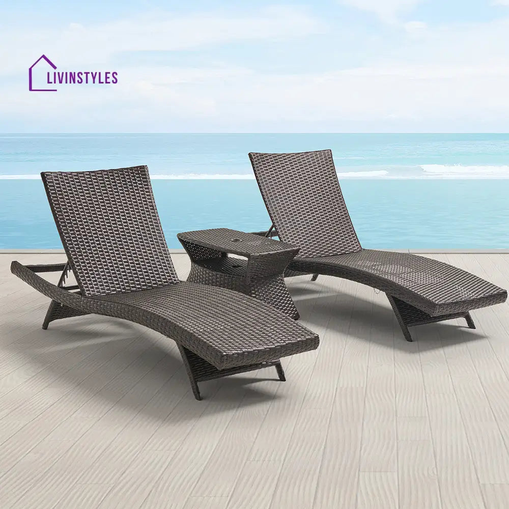 Curro Outdoor Swimming Poolside Lounger (Set of 2) With 1 Side Table (Brown) - Loungers
