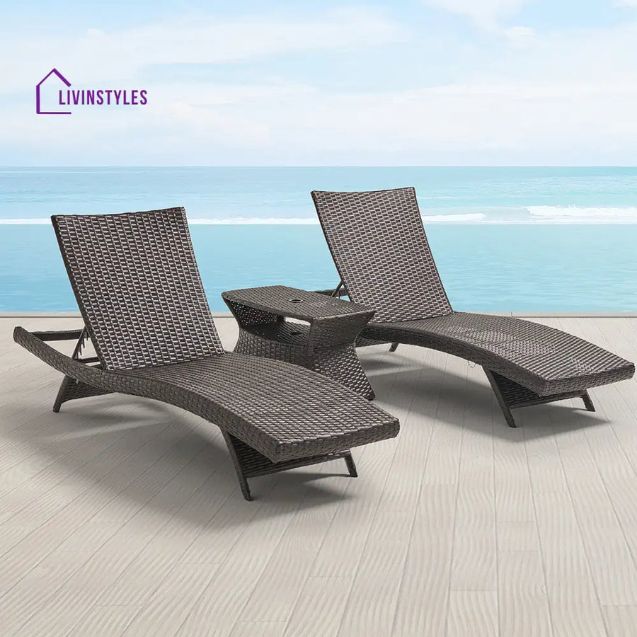 Curro Outdoor Swimming Poolside Lounger (Set of 2) With 1 Side Table (Brown) - Loungers