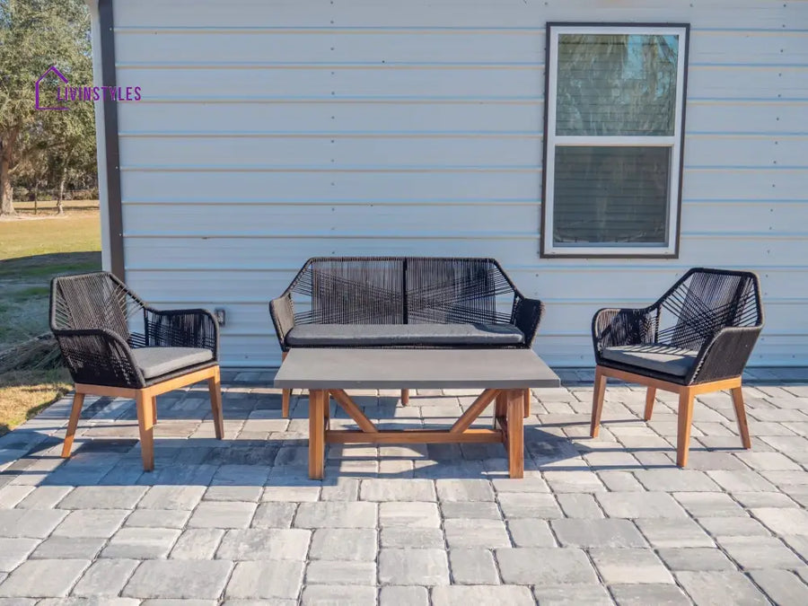 Cybella Outdoor Garden Balcony Sofa Set 2 Seater 2 Single Seater 1 Center Table Set (Black) Braided and Rope - Sofa Sets