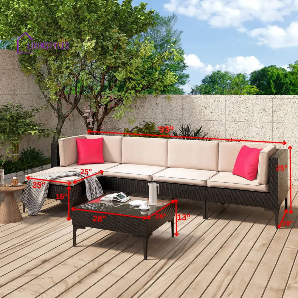 Cyzen Outdoor Sofa Set 5 Seater and 1 Center Table Set (Dark Brown) - Sofa Sets