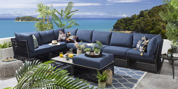 Mauricio Outdoor Sofa Set 7 Seater, 1 Ottoman and 1 Center Table Set (Blue) Braided & Rope