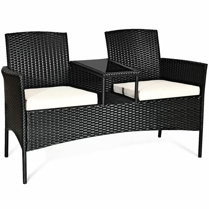 Dreamline Outdoor Furniture Garden Patio Seating Set of 2 Attached Chairs and Table Set Balcony Furniture Coffee Table Set(Black)
