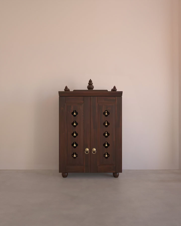 Natalia Medium Traditional Wooden Pooja Mandir with Doors, Bells & Lamps | Handcrafted Home Temple