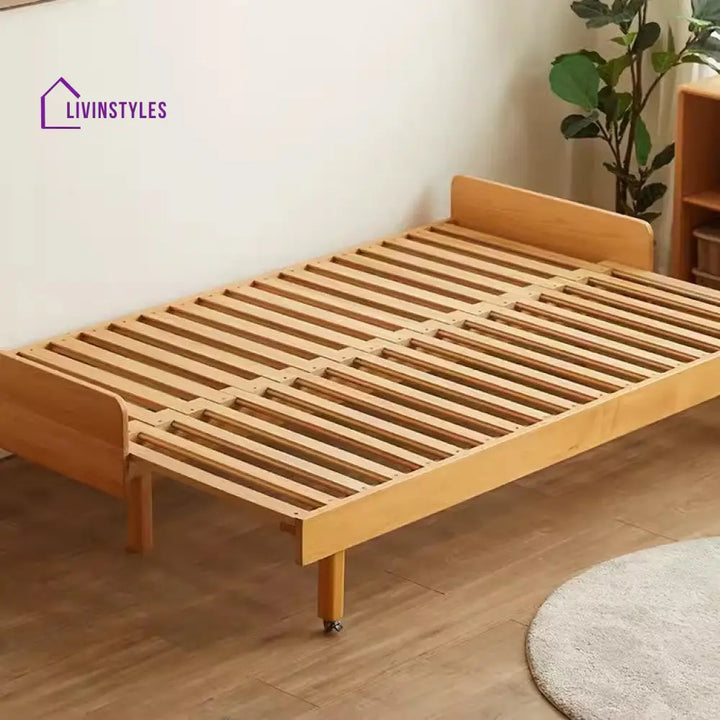 Japandi Pull Out Solid Beech Wood Day Bed SOFA WIDTH 65CM/BED WIDTH 112CM / ONLY BED FRAME(WITHOUT ANY SOFT MATERIAL)