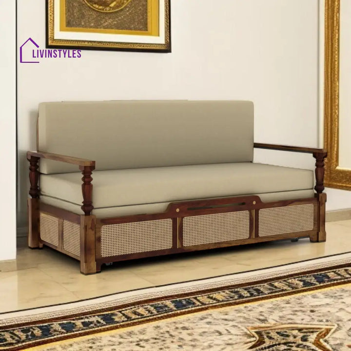 Daan Sheesham Wood 3 Seater Sofa Cum Bed with Cane Weaving & Premium Upholstery