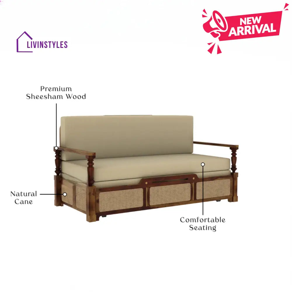 Daan Sheesham Wood 3 Seater Sofa Cum Bed with Cane Weaving & Premium Upholstery