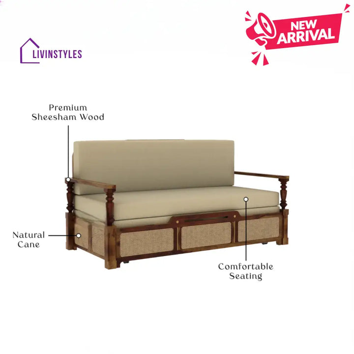 Daan Sheesham Wood 3 Seater Sofa Cum Bed with Cane Weaving & Premium Upholstery