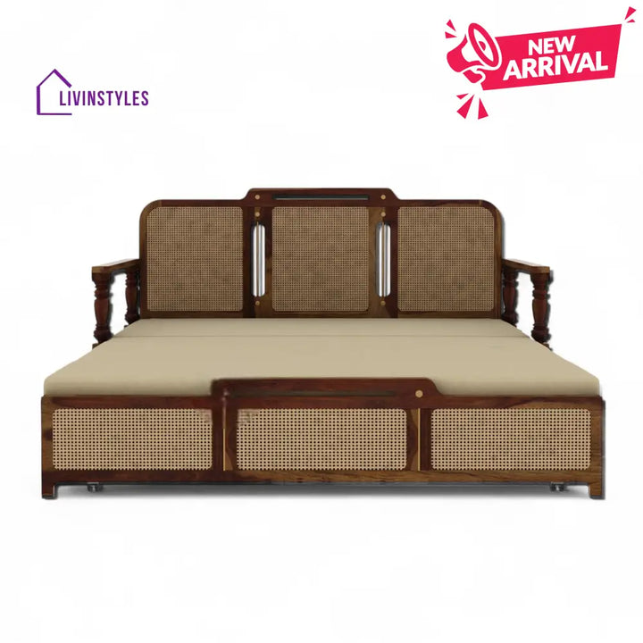 Daan Sheesham Wood 3 Seater Sofa Cum Bed with Cane Weaving & Premium Upholstery