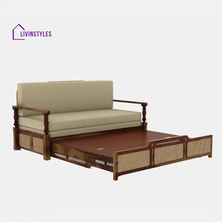 Daan Sheesham Wood 3 Seater Sofa Cum Bed with Cane Weaving & Premium Upholstery