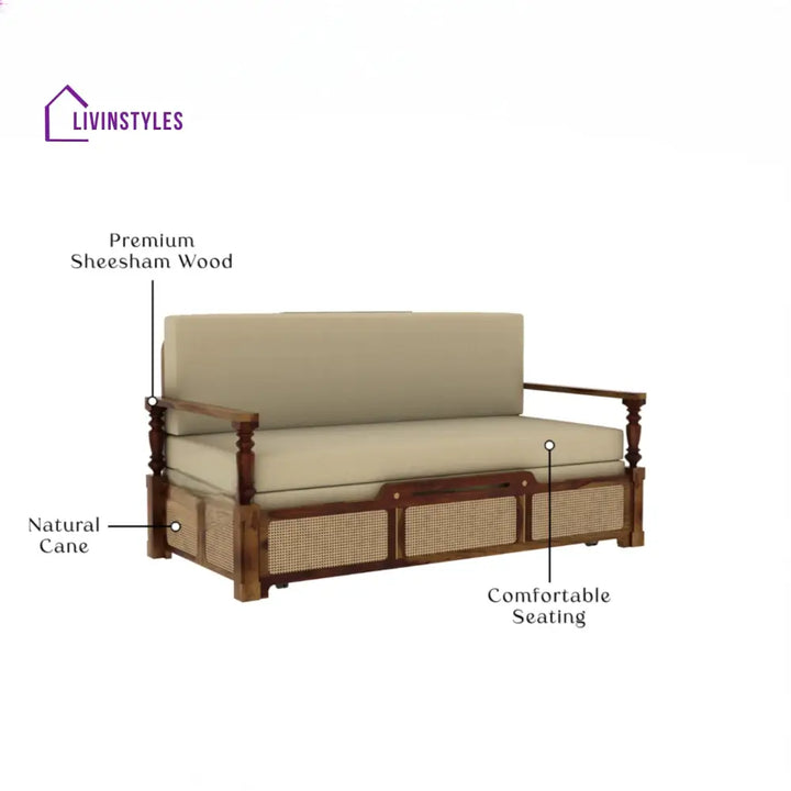 Daan Sheesham Wood 3 Seater Sofa Cum Bed with Cane Weaving & Premium Upholstery