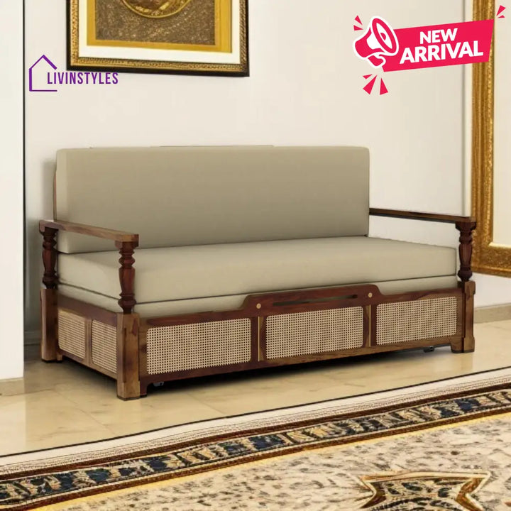 Daan Sheesham Wood 3 Seater Sofa Cum Bed with Cane Weaving & Premium Upholstery