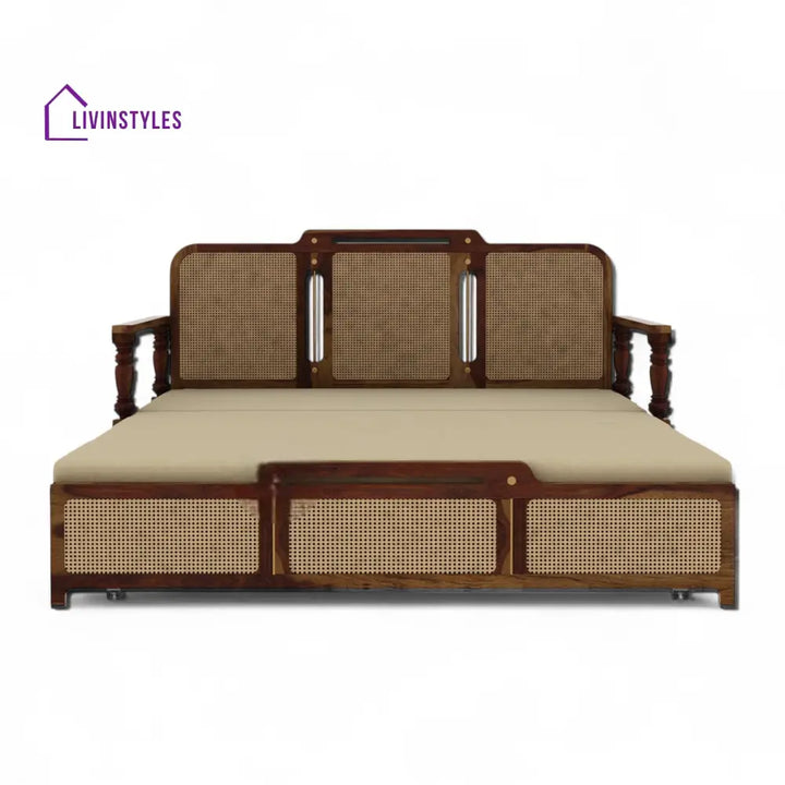 Daan Sheesham Wood 3 Seater Sofa Cum Bed with Cane Weaving & Premium Upholstery