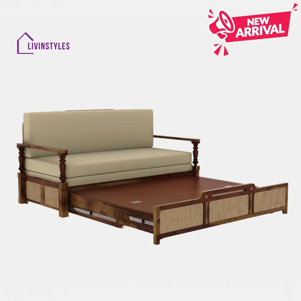 Daan Sheesham Wood 3 Seater Sofa Cum Bed with Cane Weaving & Premium Upholstery