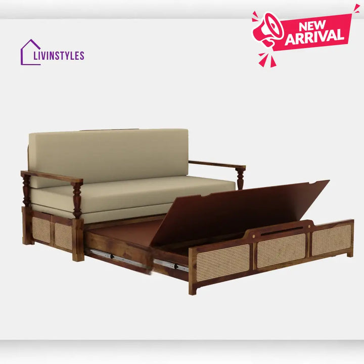 Daan Sheesham Wood 3 Seater Sofa Cum Bed with Cane Weaving & Premium Upholstery