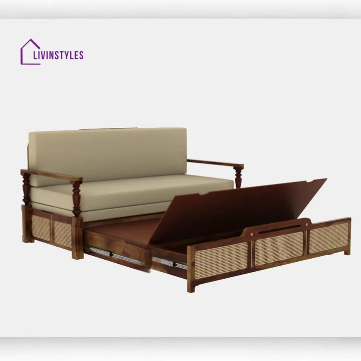 Daan Sheesham Wood 3 Seater Sofa Cum Bed with Cane Weaving & Premium Upholstery