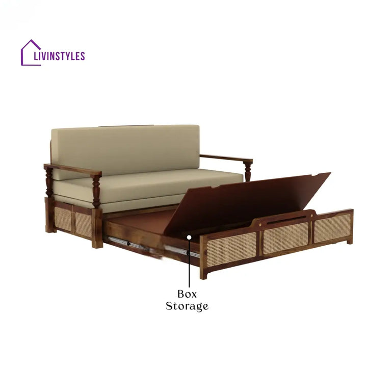 Daan Sheesham Wood 3 Seater Sofa Cum Bed with Cane Weaving & Premium Upholstery