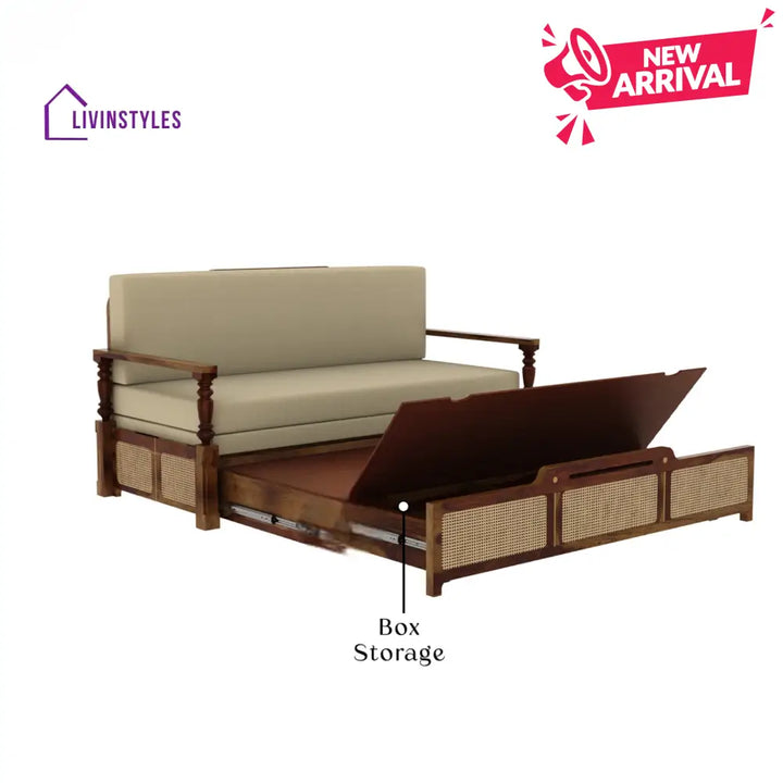 Daan Sheesham Wood 3 Seater Sofa Cum Bed with Cane Weaving & Premium Upholstery