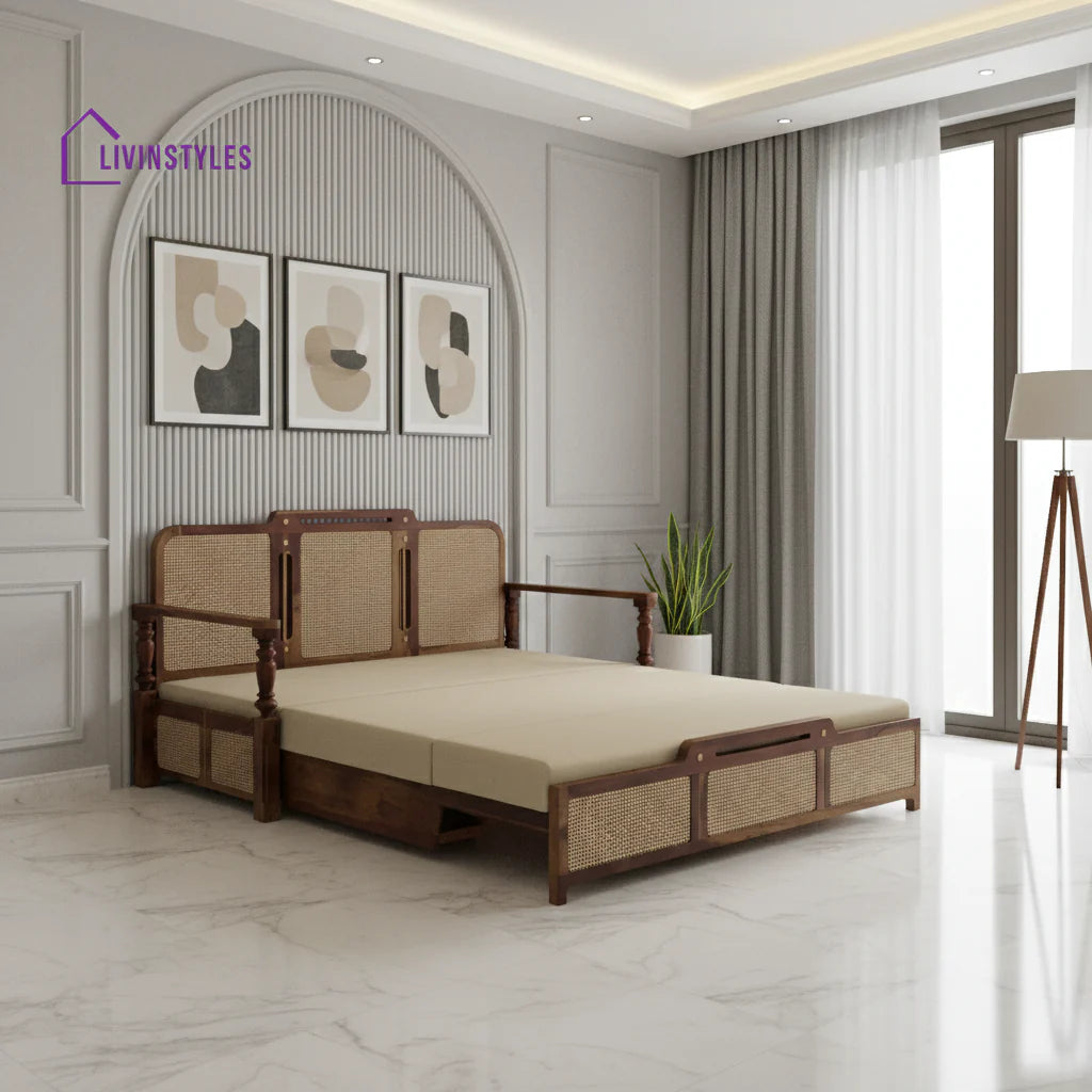 Daan Sheesham Wood 3 Seater Sofa Cum Bed with Cane Weaving & Premium Upholstery Sheesham Wood Honey Finish