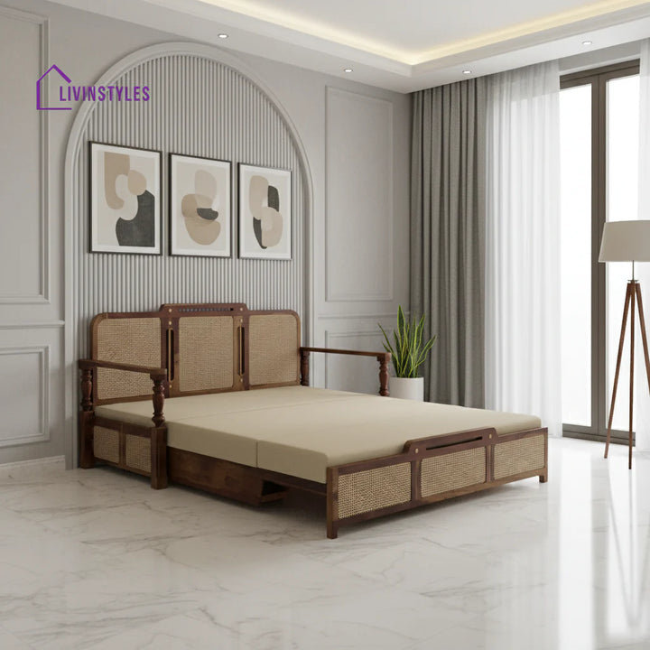 Daan Sheesham Wood 3 Seater Sofa Cum Bed with Cane Weaving & Premium Upholstery Sheesham Wood Honey Finish