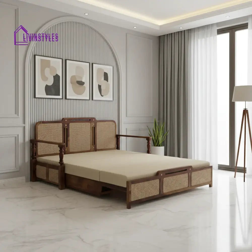 Daan Sheesham Wood 3 Seater Sofa Cum Bed with Cane Weaving & Premium Upholstery Sheesham Wood Honey Finish