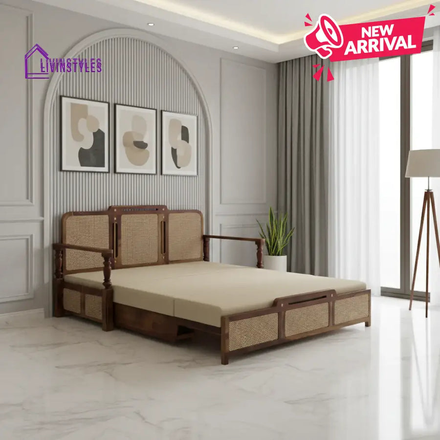 Daan Sheesham Wood 3 Seater Sofa Cum Bed with Cane Weaving & Premium Upholstery Sheesham Wood Honey Finish