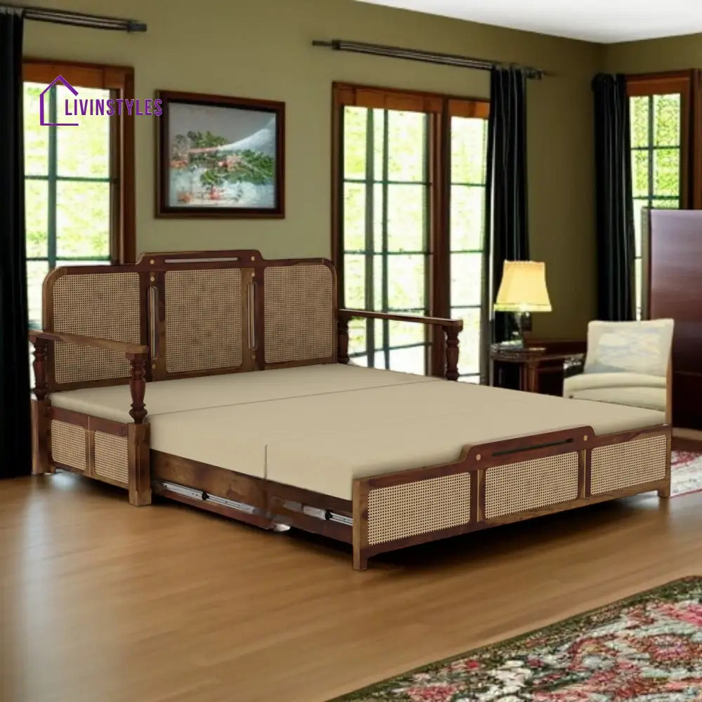 Daan Sheesham Wood 3 Seater Sofa Cum Bed with Cane Weaving & Premium Upholstery Sheesham Wood Honey Finish