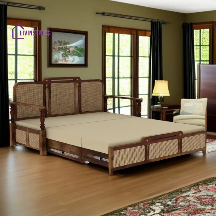 Daan Sheesham Wood 3 Seater Sofa Cum Bed with Cane Weaving & Premium Upholstery Sheesham Wood Honey Finish