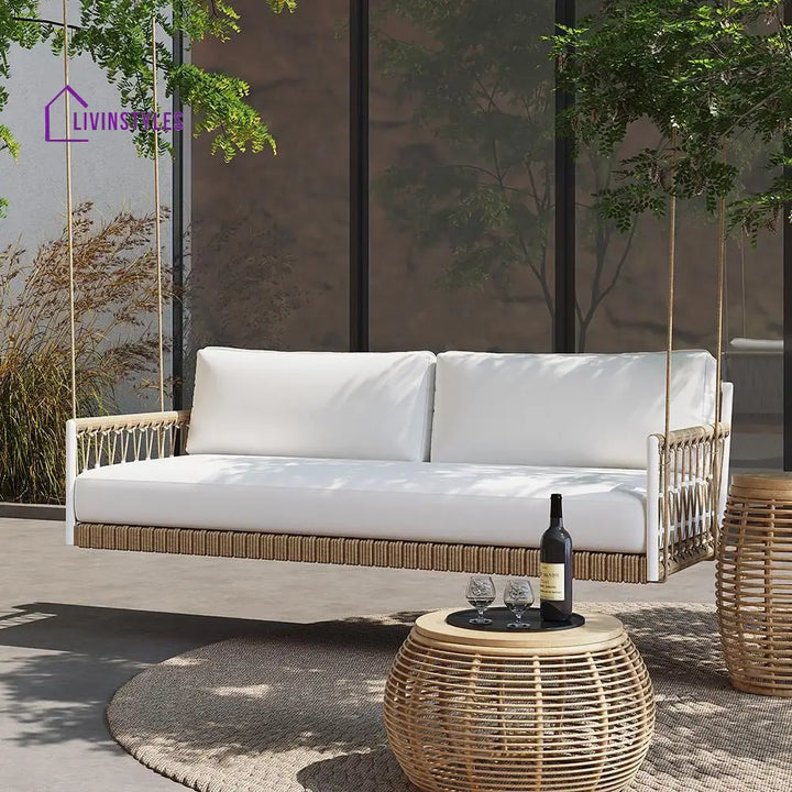 Daaz Three Seater Hanging Swing Without Stand For Balcony Garden Swing (Tan + White) - Swings