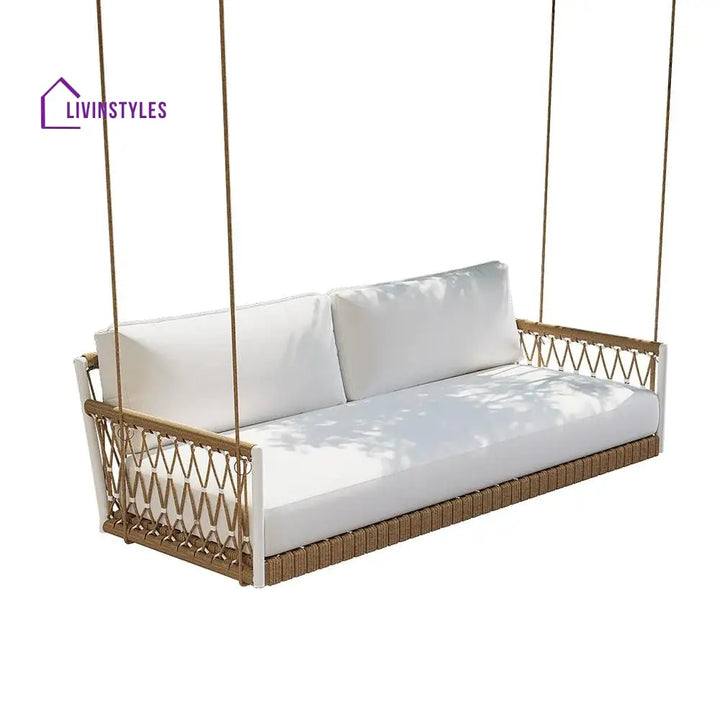 Daaz Three Seater Hanging Swing Without Stand For Balcony Garden Swing (Tan + White) - Swings