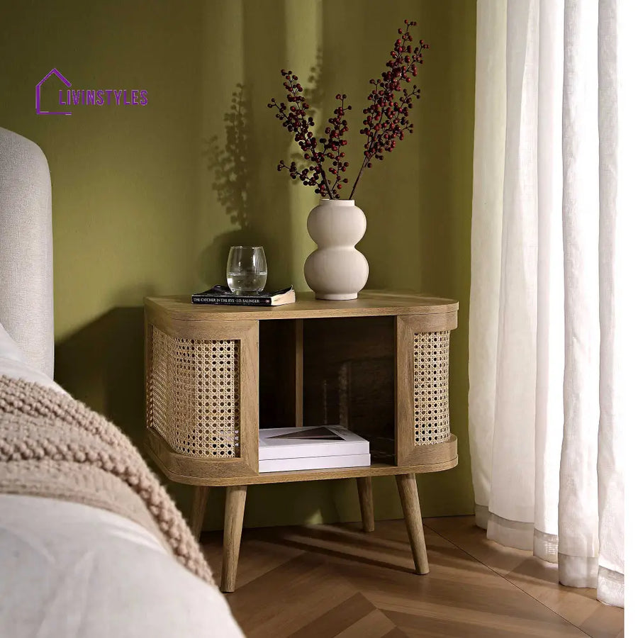 Izzy Curved Rattan Bedside Table Natural Bedside Table