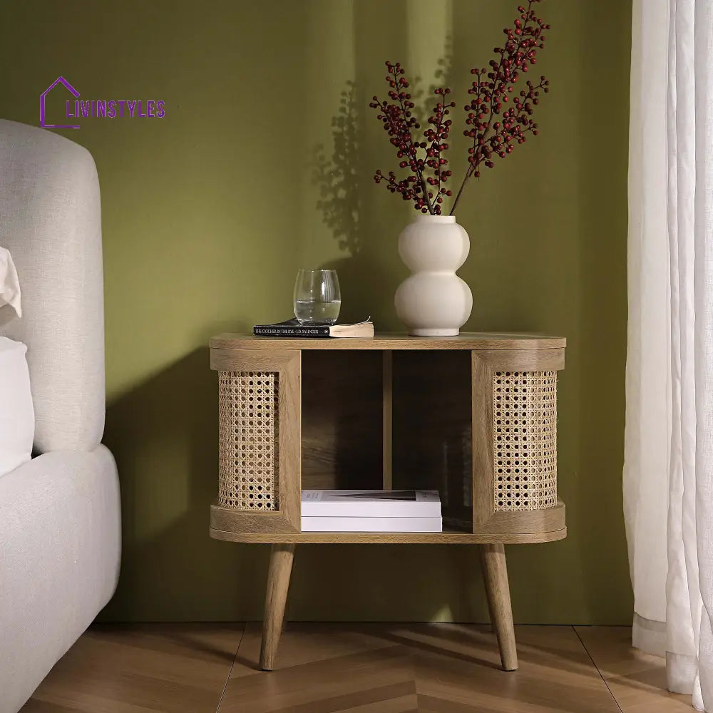 Izzy Curved Rattan Bedside Table Natural Bedside Table