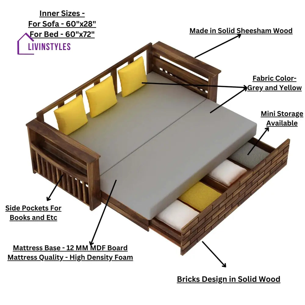 Dahlia Solid Sheesham Wood 3 Seater Sofa Cum Bed With Mini Storage and Side Pockets Sofa Cum Bed