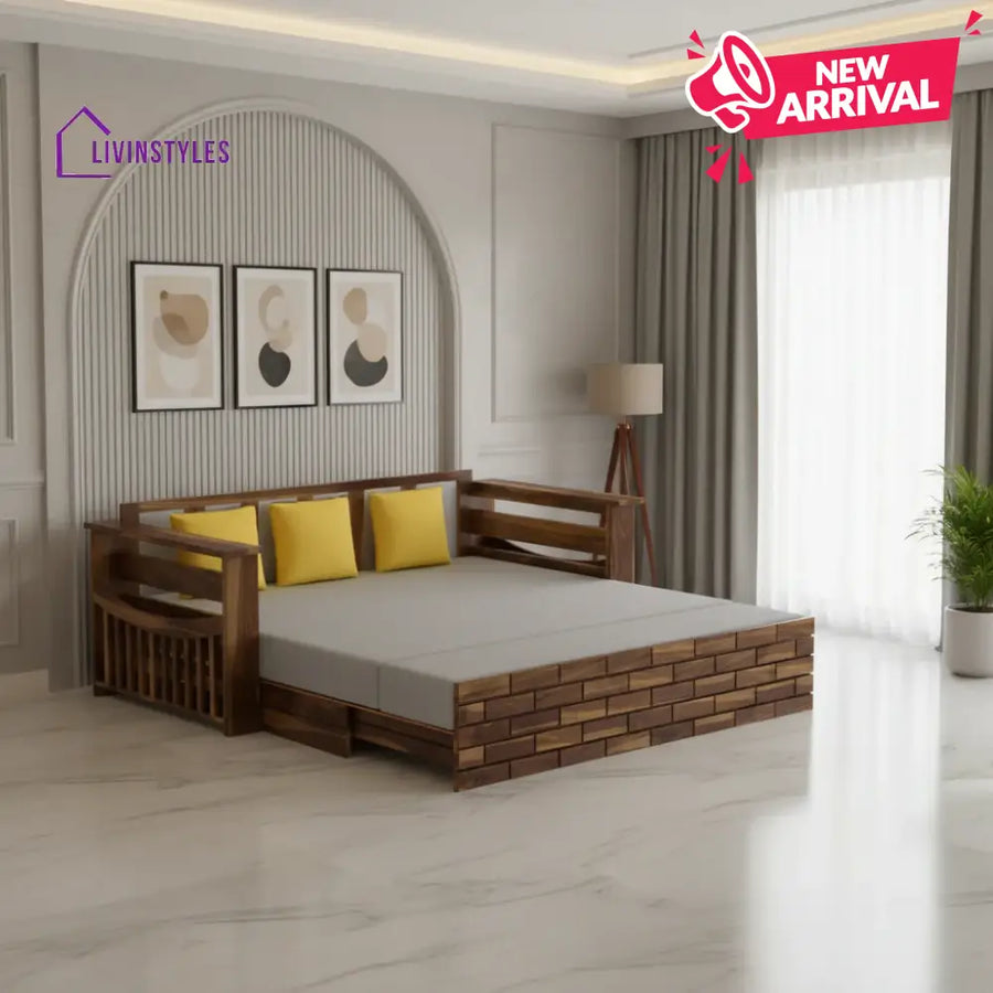 Dahlia Solid Sheesham Wood 3 Seater Sofa Cum Bed With Mini Storage and Side Pockets Sofa Cum Bed