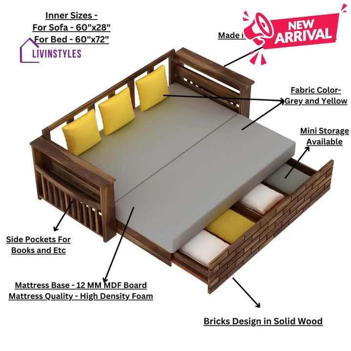 Dahlia Solid Sheesham Wood 3 Seater Sofa Cum Bed With Mini Storage and Side Pockets Sofa Cum Bed