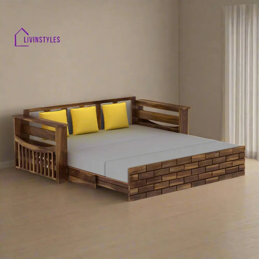 Dahlia Solid Sheesham Wood 3 Seater Sofa Cum Bed With Mini Storage and Side Pockets Sofa Cum Bed