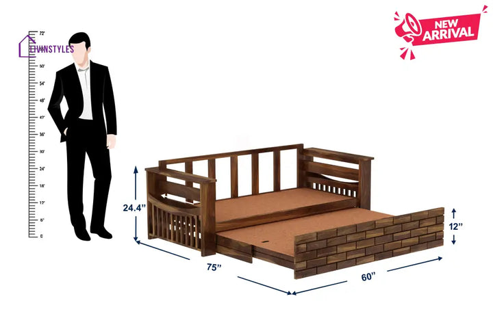 Dahlia Solid Sheesham Wood 3 Seater Sofa Cum Bed With Mini Storage and Side Pockets Sofa Cum Bed