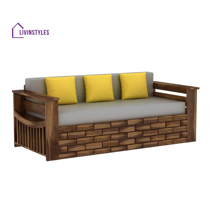 Dahlia Solid Sheesham Wood 3 Seater Sofa Cum Bed With Mini Storage and Side Pockets Sofa Cum Bed