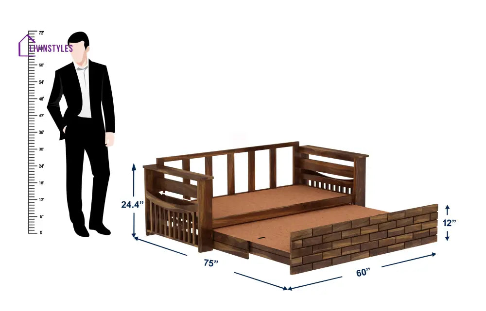 Dahlia Solid Sheesham Wood 3 Seater Sofa Cum Bed With Mini Storage and Side Pockets Sofa Cum Bed