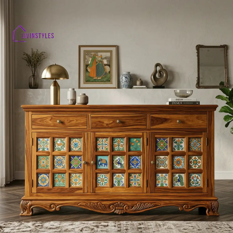 Daisy Boho Sheesham Wood Storage Cabinet Sideboard With Three Drawers (Honey Finish)