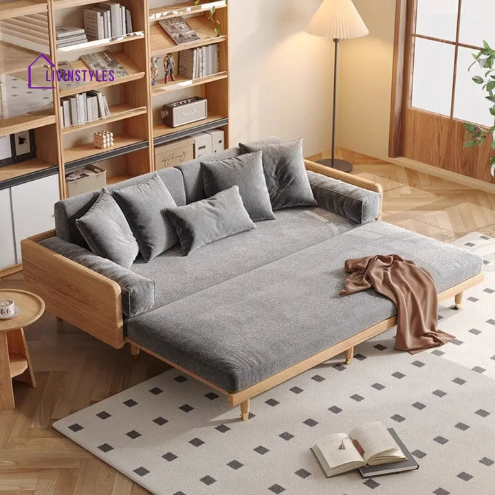 Japandi Solid Wood Frame Sofa Bed 2.37M-93.3INCH / Natural Frame-Grey Chenille Fabric SOFA BED